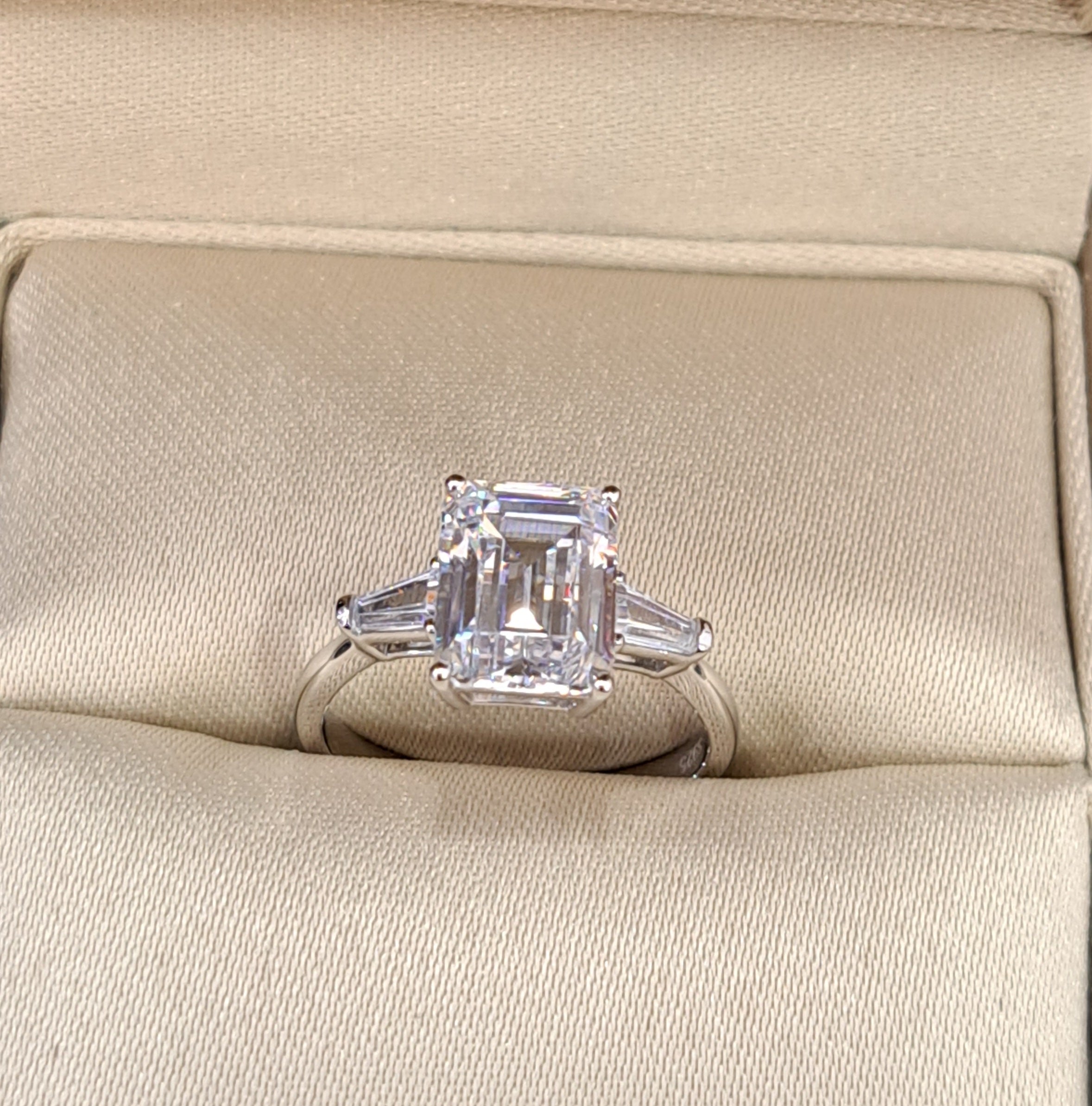 3 carats Emerald cut with Tappers Diamond Simulants Engagement Ring