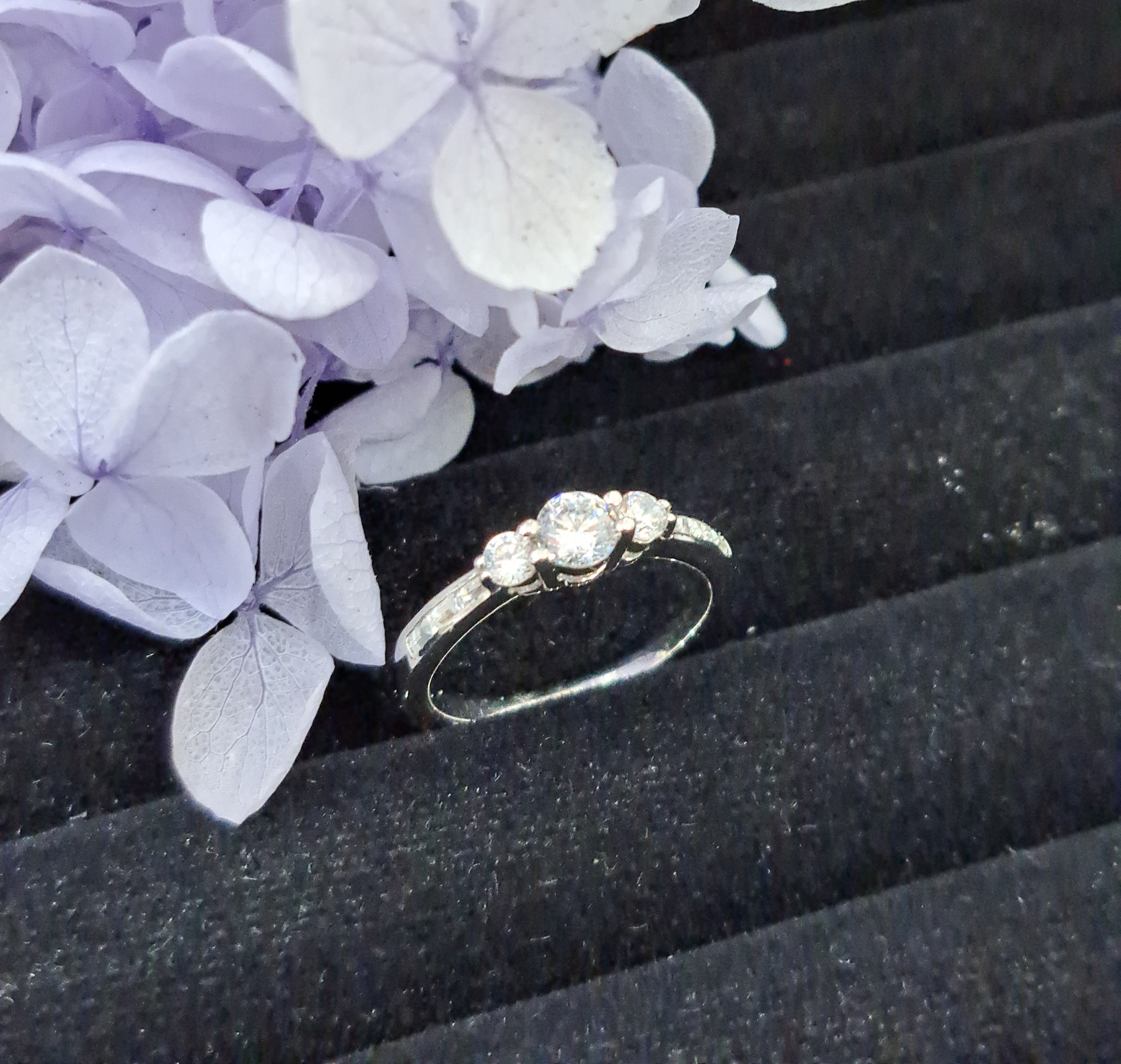 Trilogy Simulated Diamond Side  Baguette Engagement  Ring