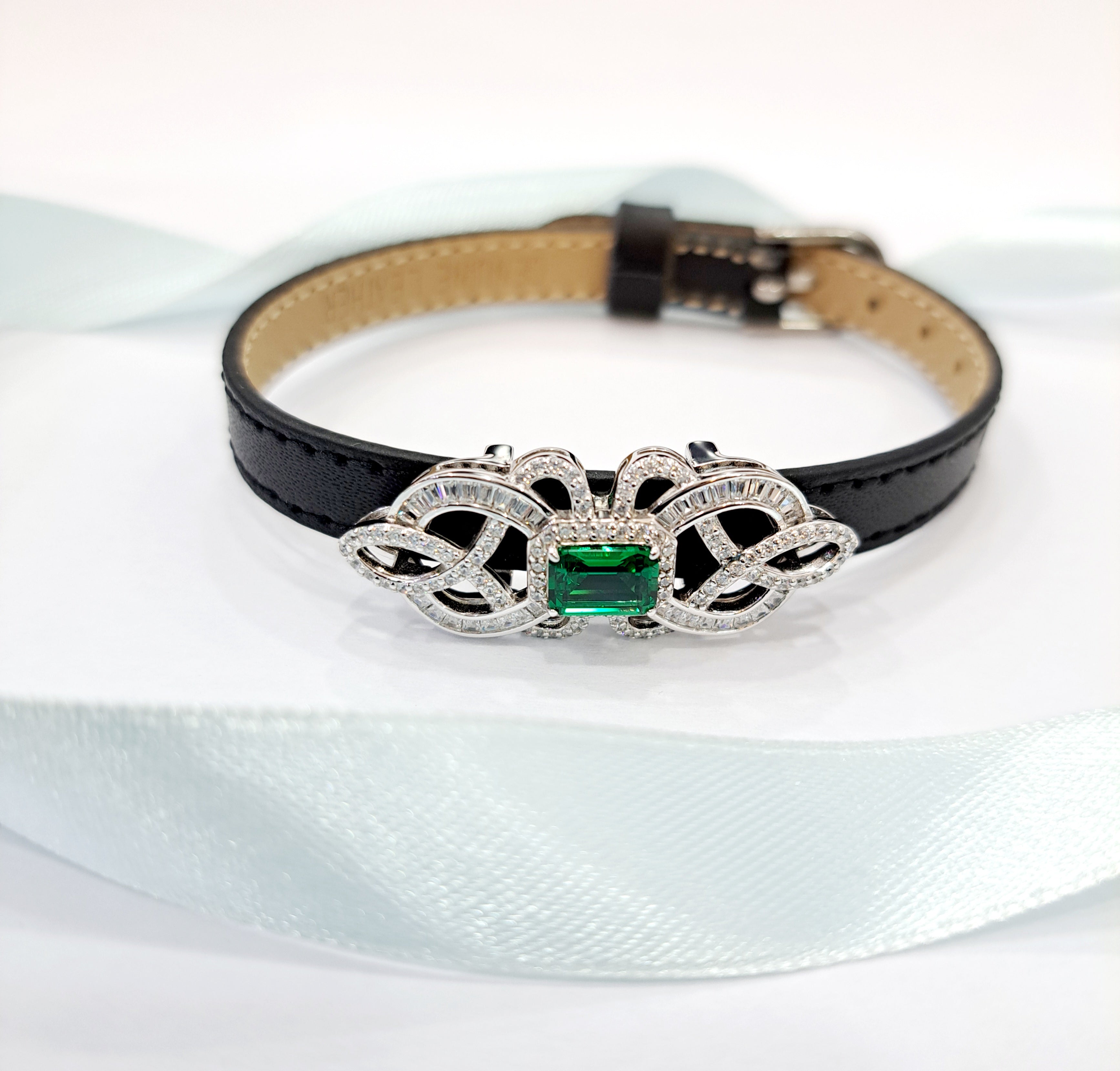 Leather Simulated Emerald Bracelet