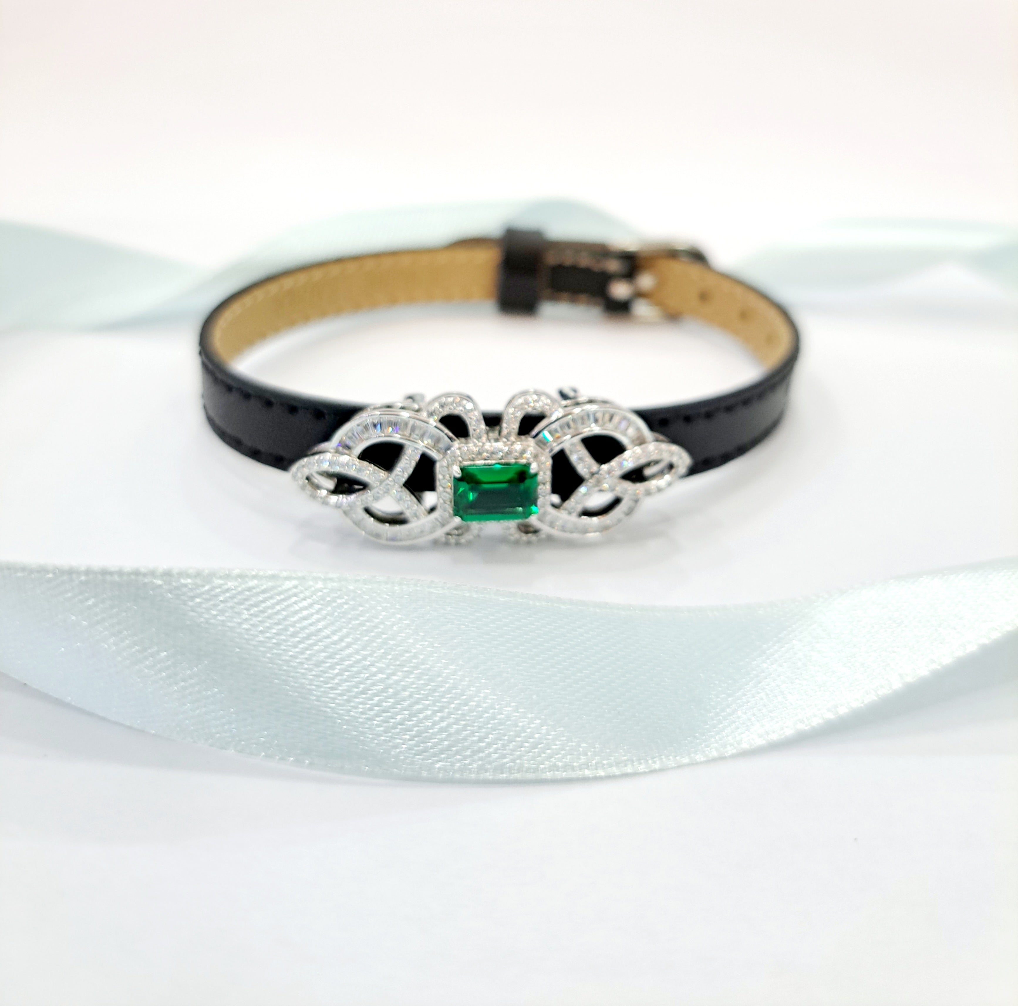 Leather Simulated Emerald Bracelet