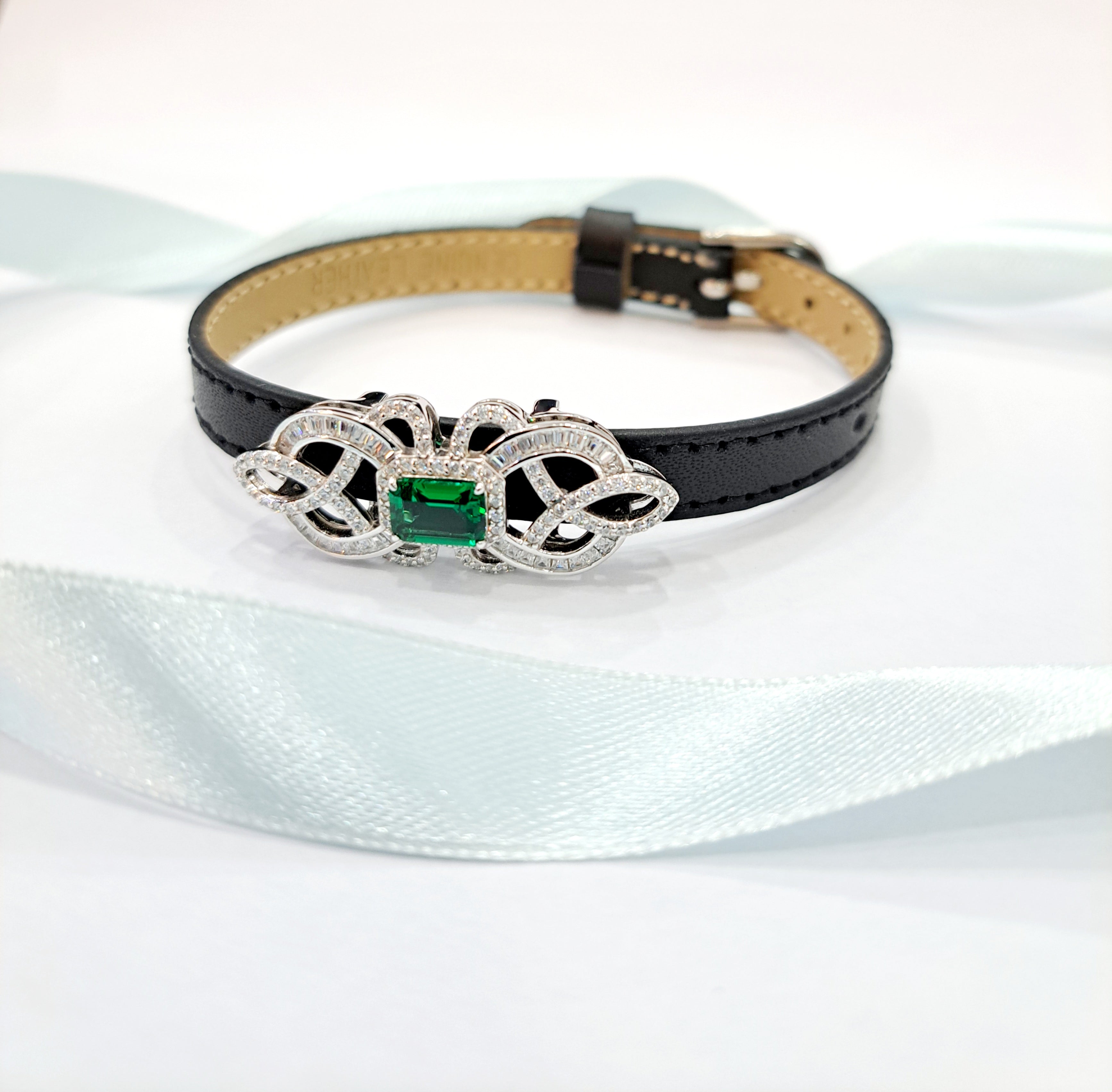 Leather Simulated Emerald Bracelet