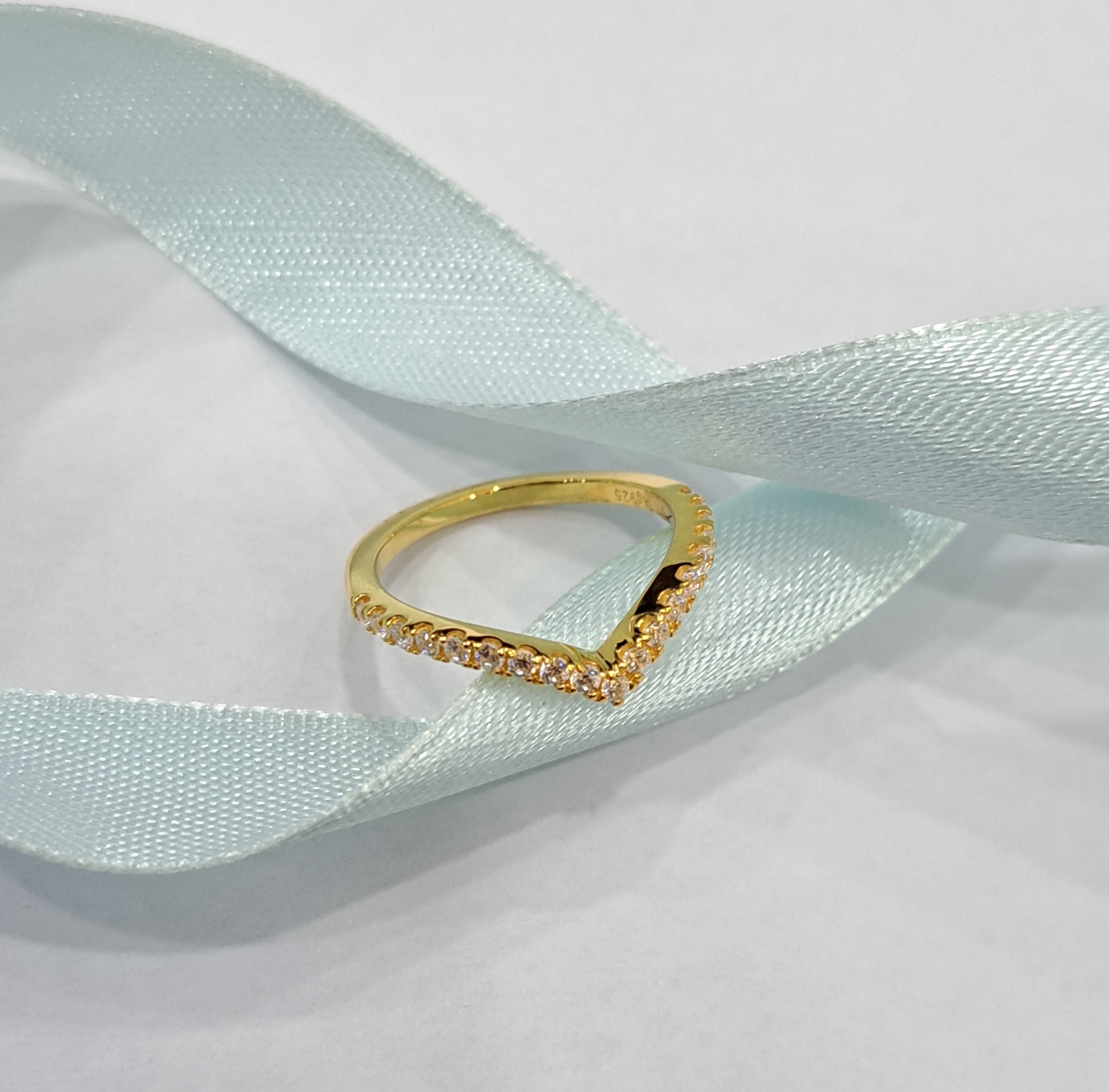 Yellow gold V. Eternity Stackable Simulated Diamond Dainty Ring