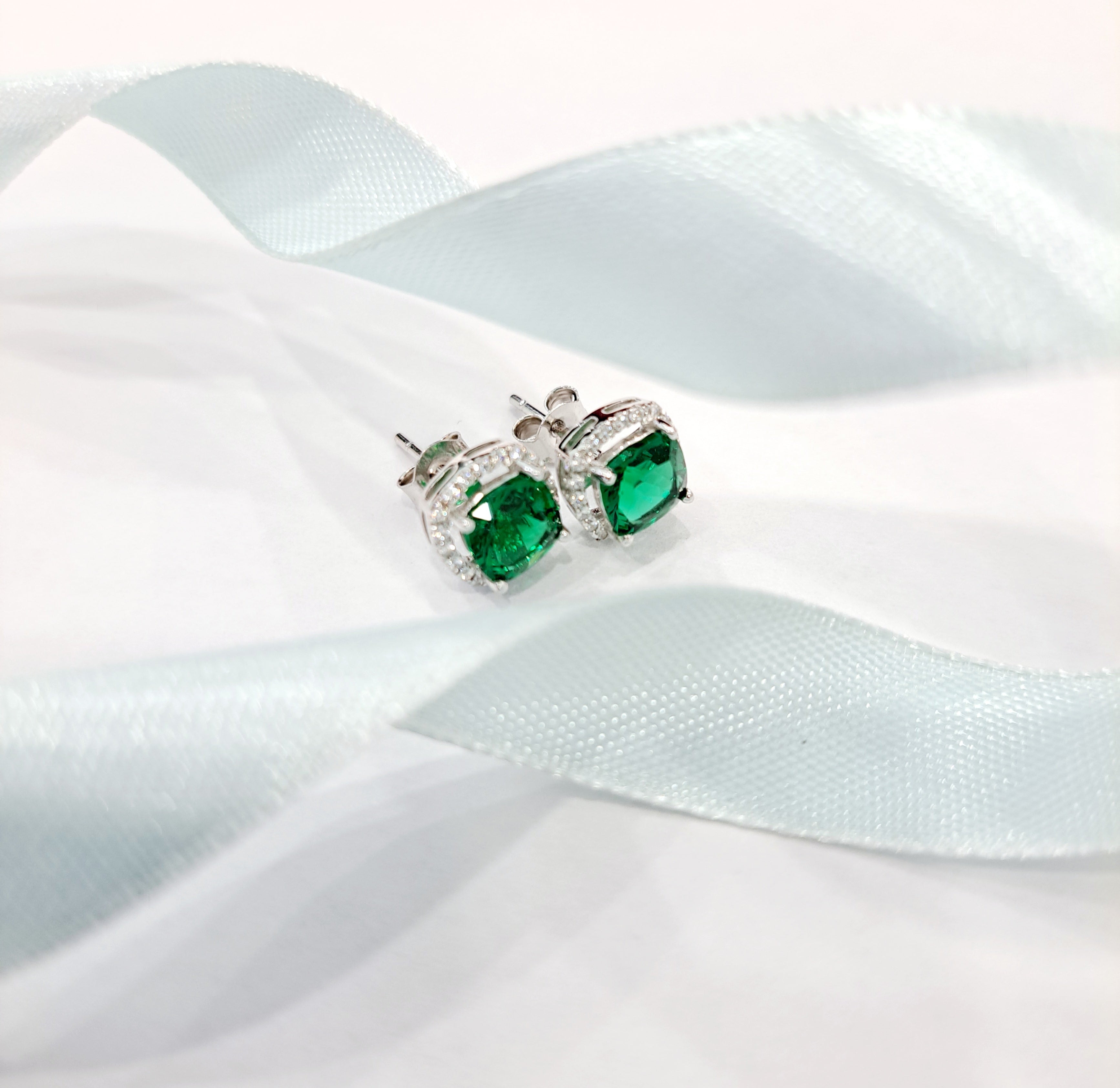 Halo Cushion Simulated Emerald Earrings