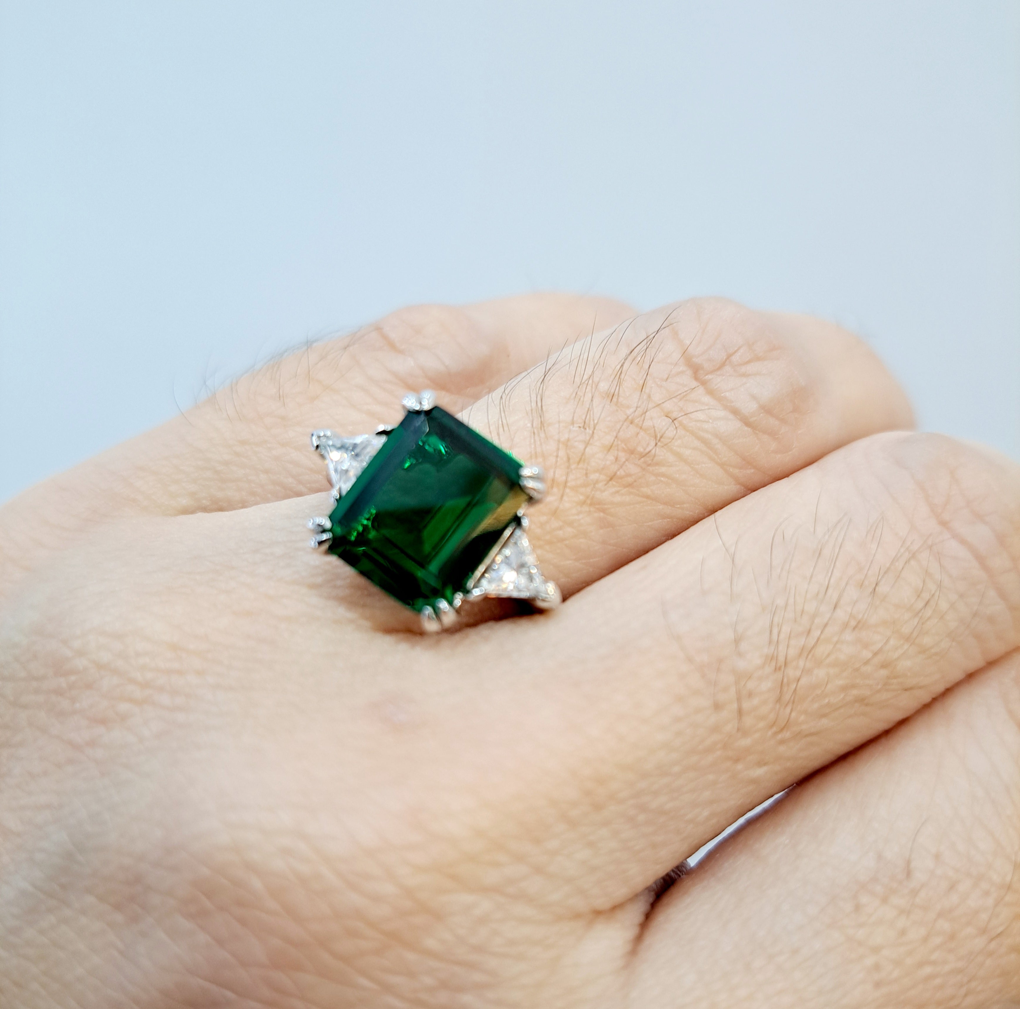 Simulated Emerald with Trilliant Ring