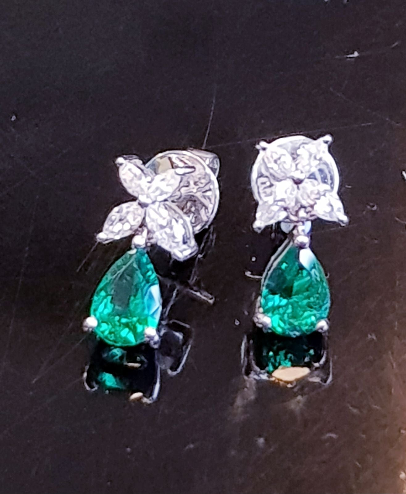 Emerald Diamond Simulants Dangling Earrings