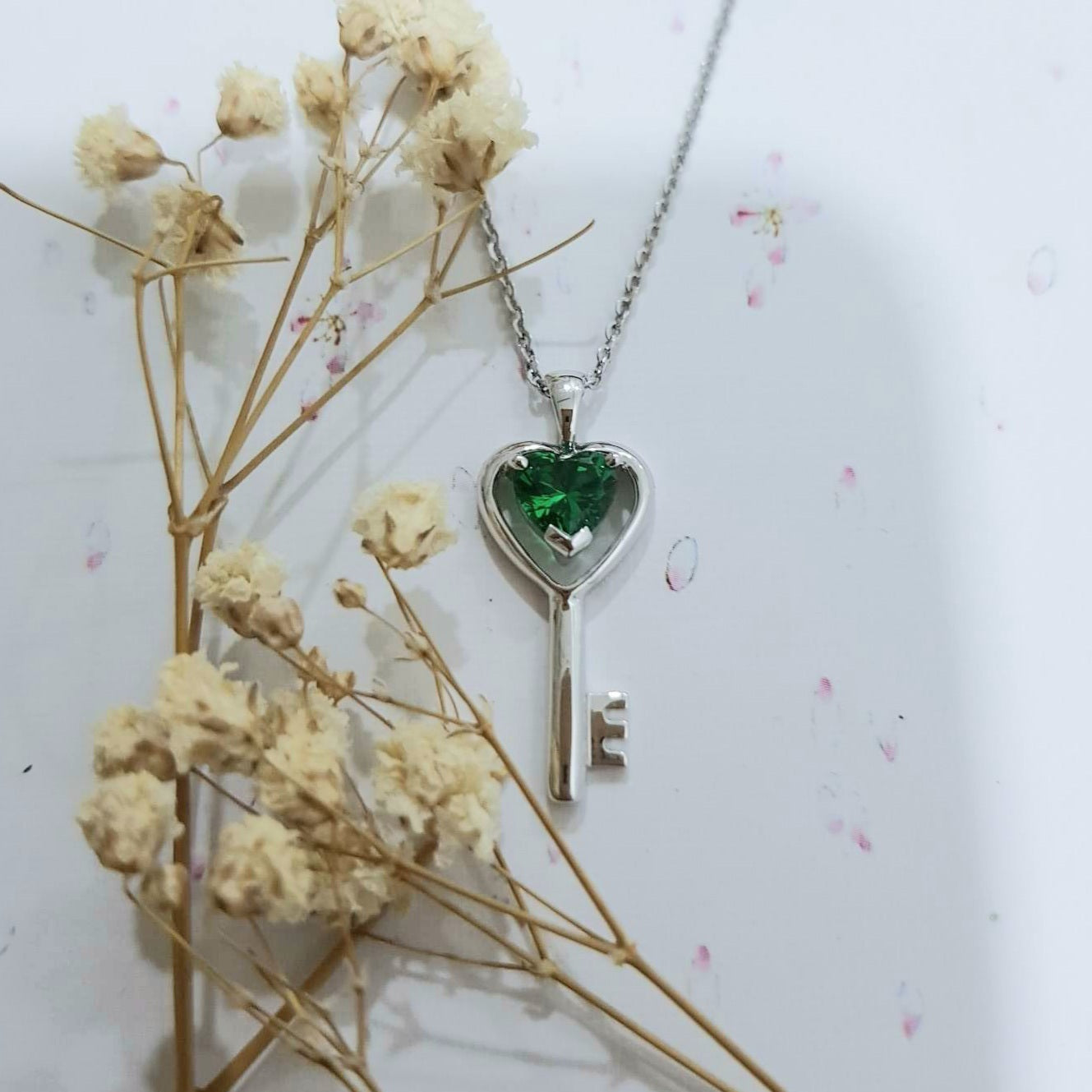 Lovely Heart Emerald Key Pendant