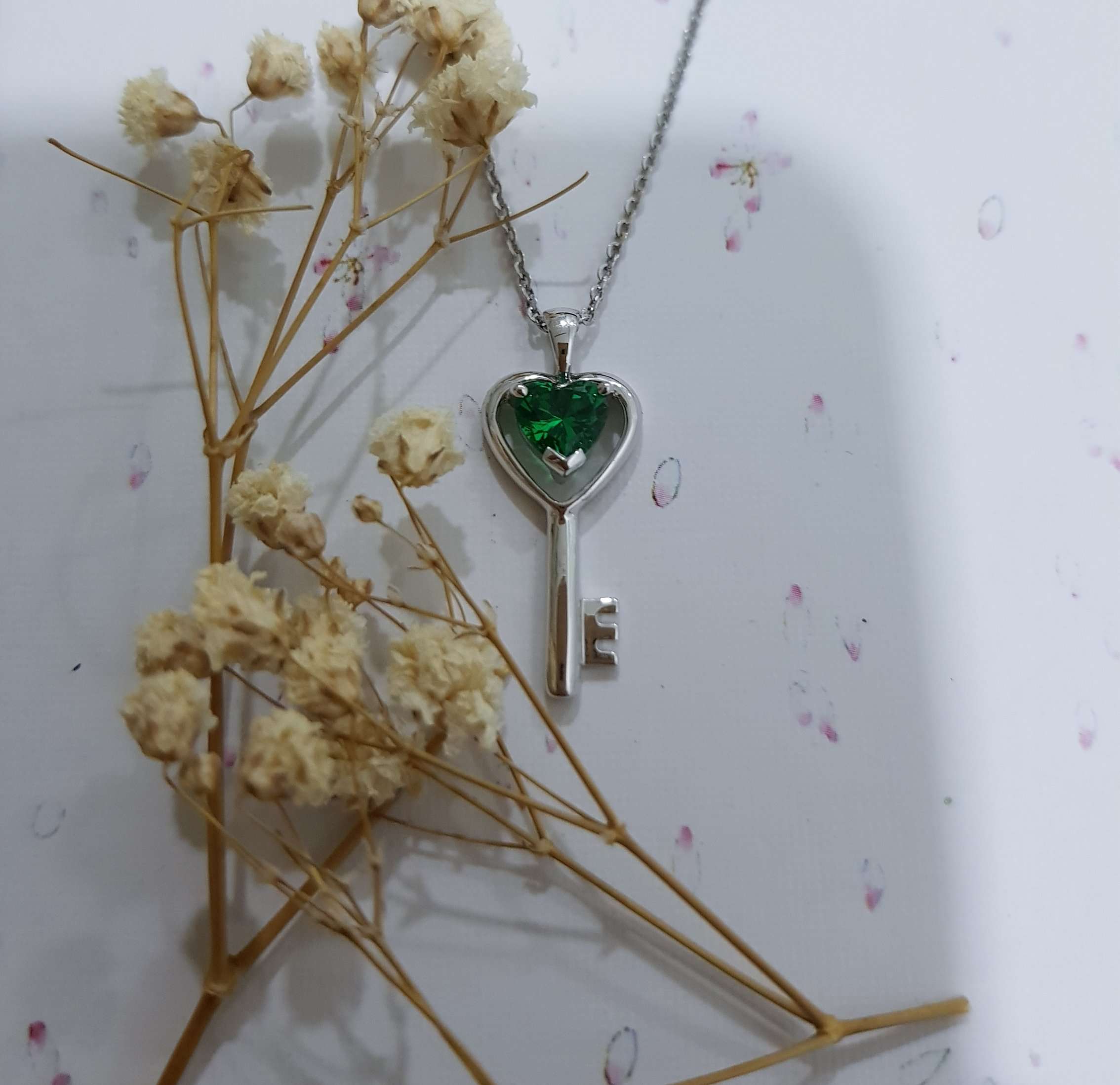 Lovely Heart Emerald Key Pendant