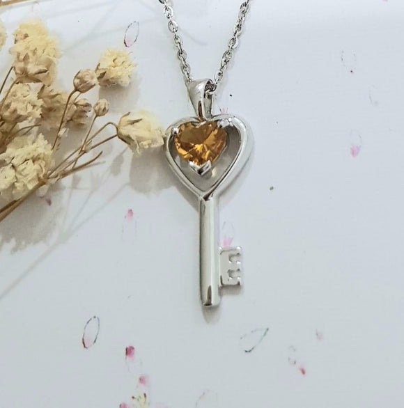 Lovely Heart Citrine Key Pendant