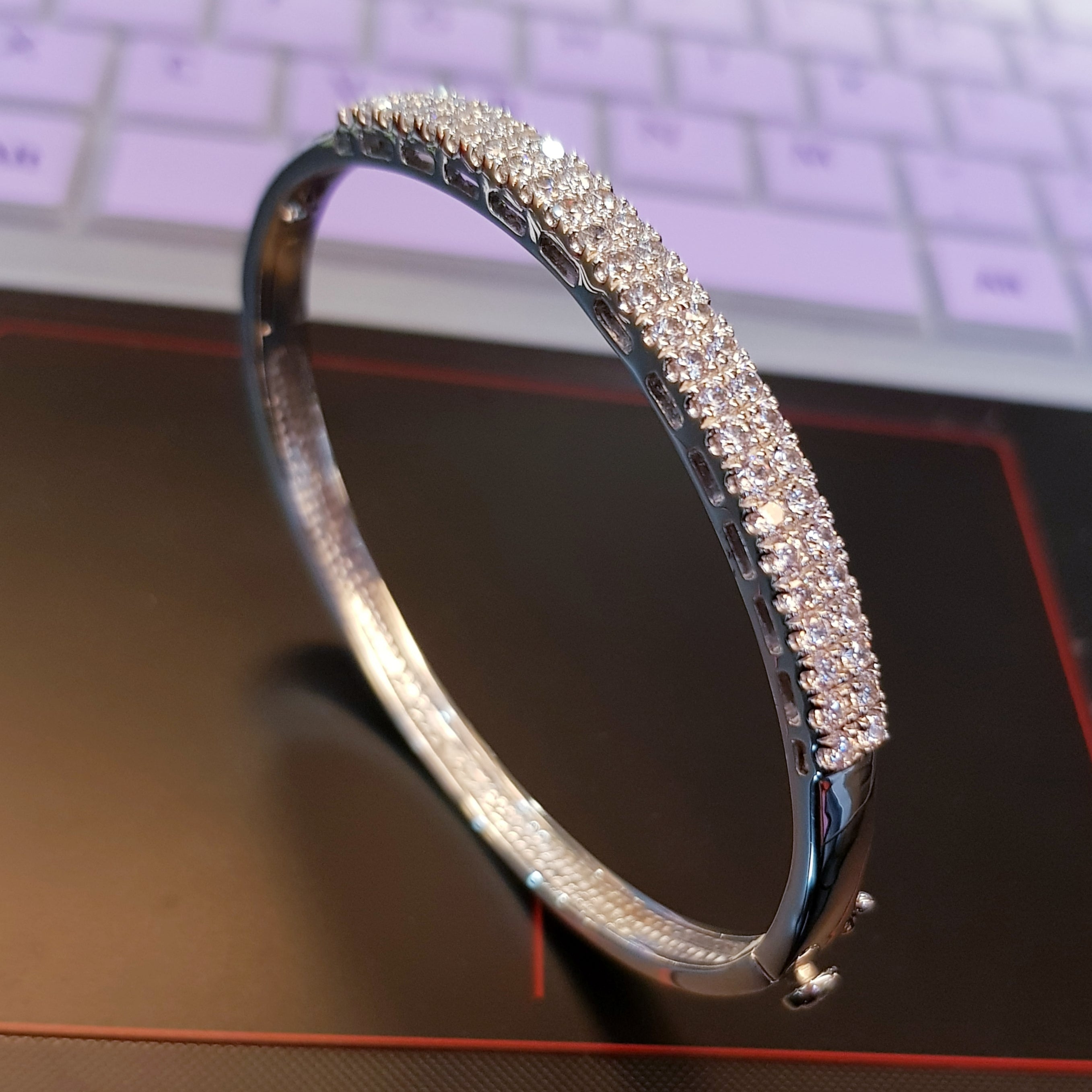 White gold Simulated Diamond Double Roll Bangle