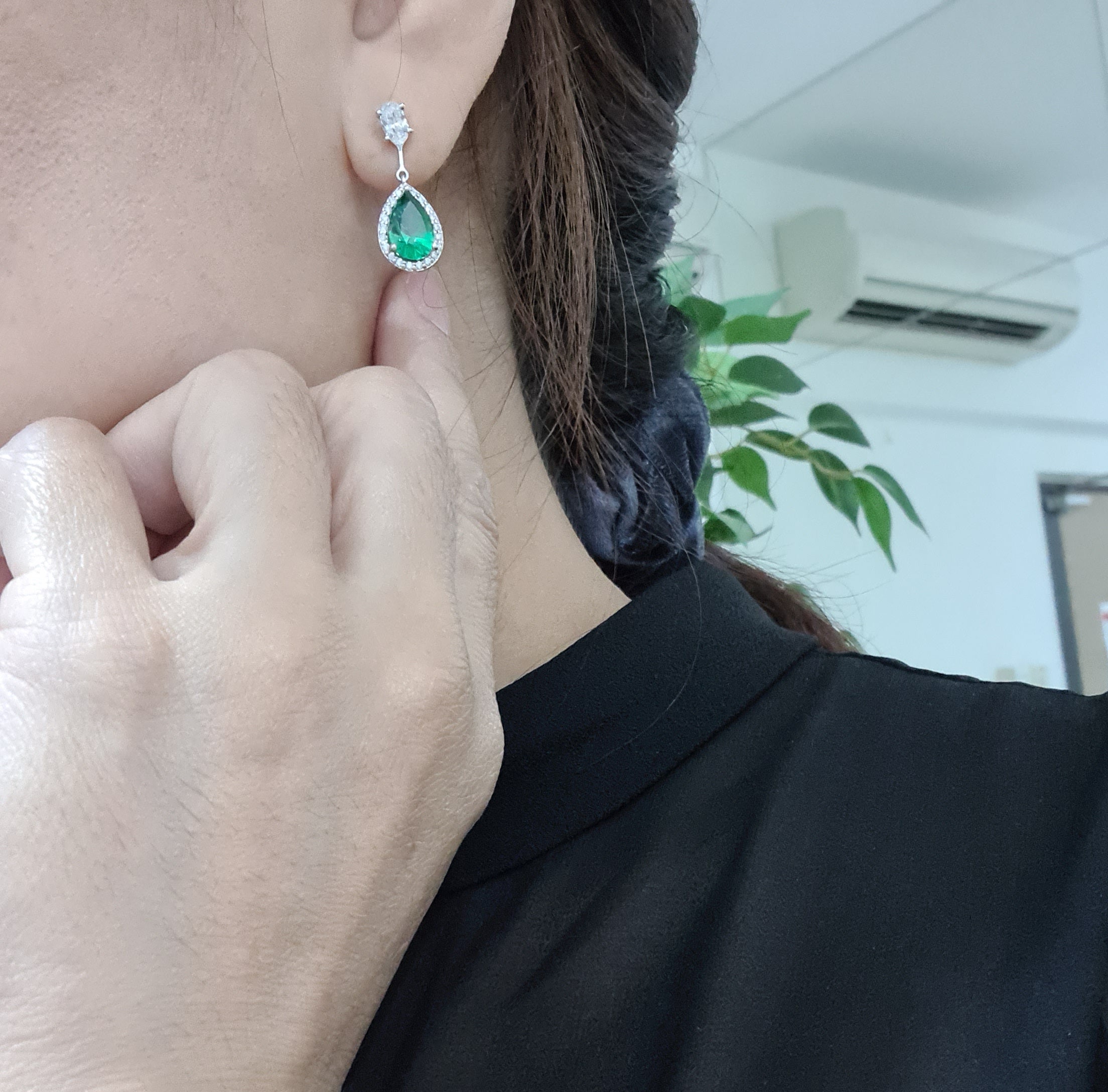 Teardrops Simulated Emerald with Stunning Oval Diamond Simulants Earrings