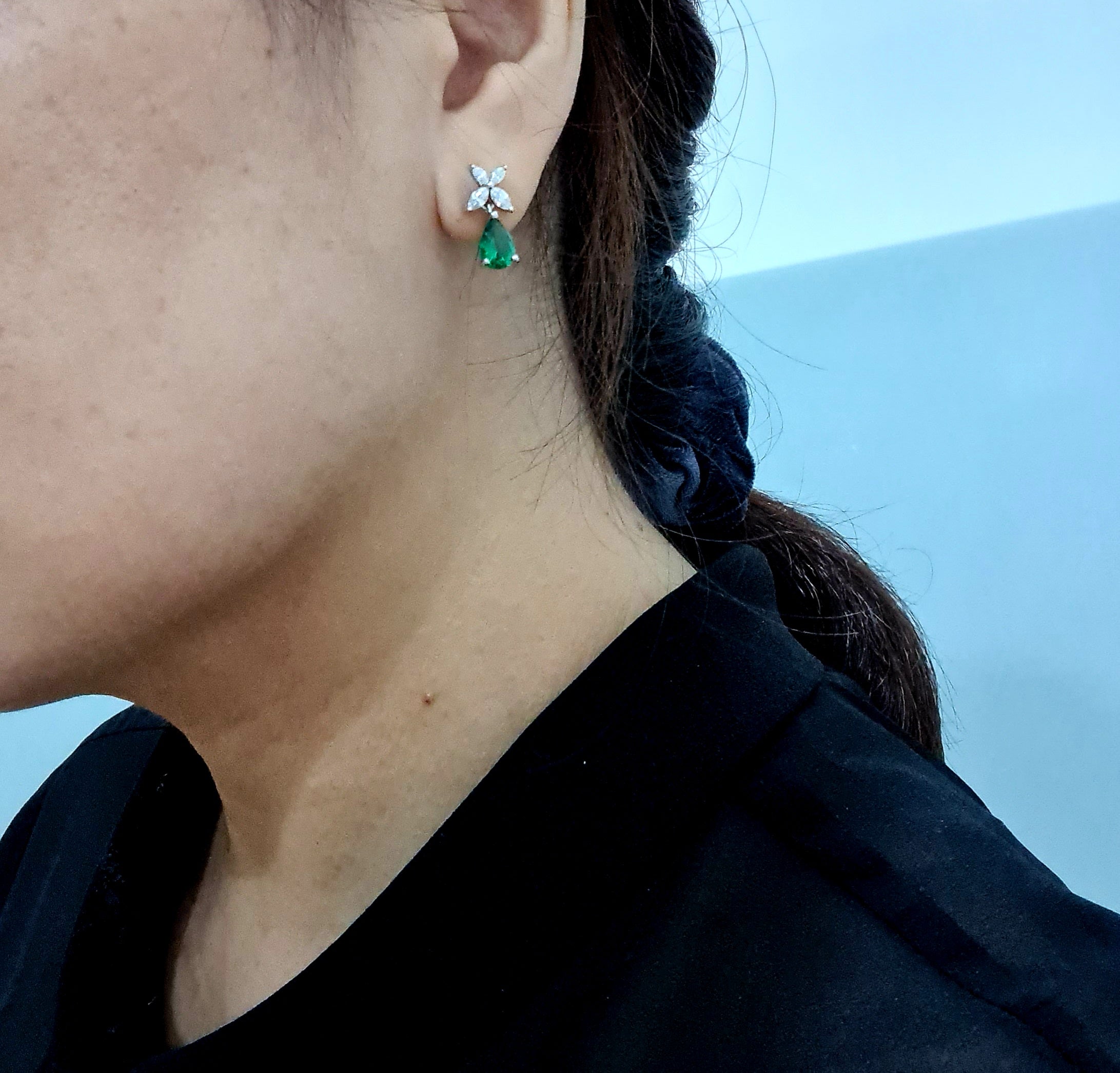 Emerald Diamond Simulants Dangling Earrings