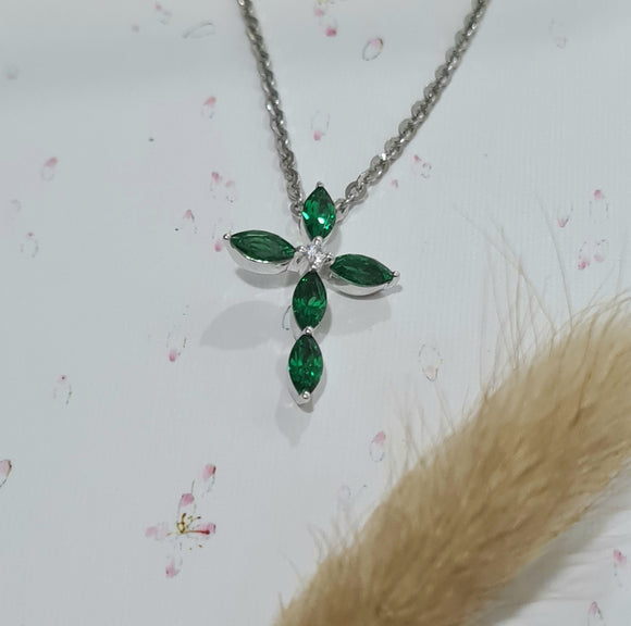 Emerald Diamond Simulants Cross Pendant