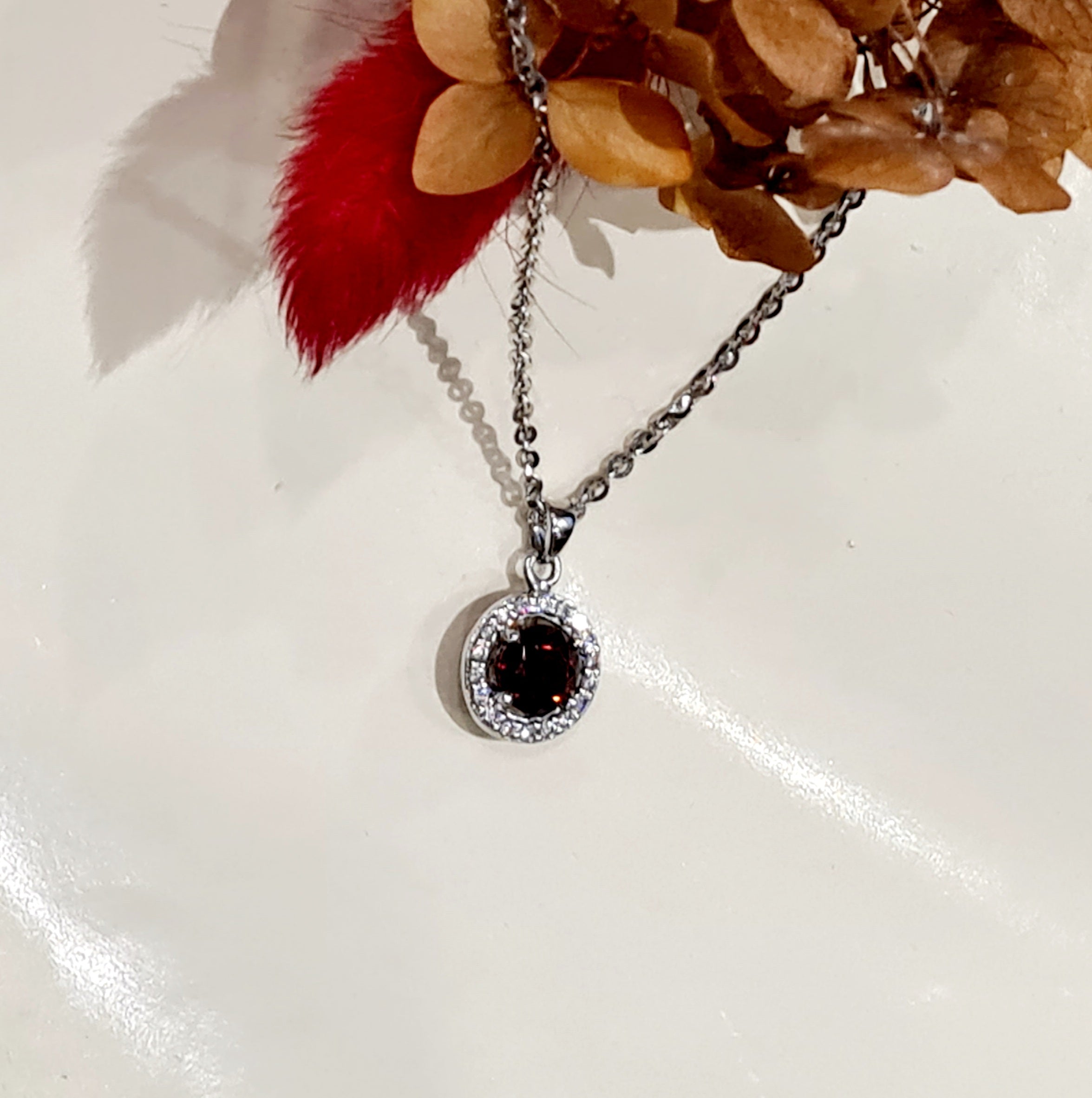 Flower Elegant Halo Garnet Pendant