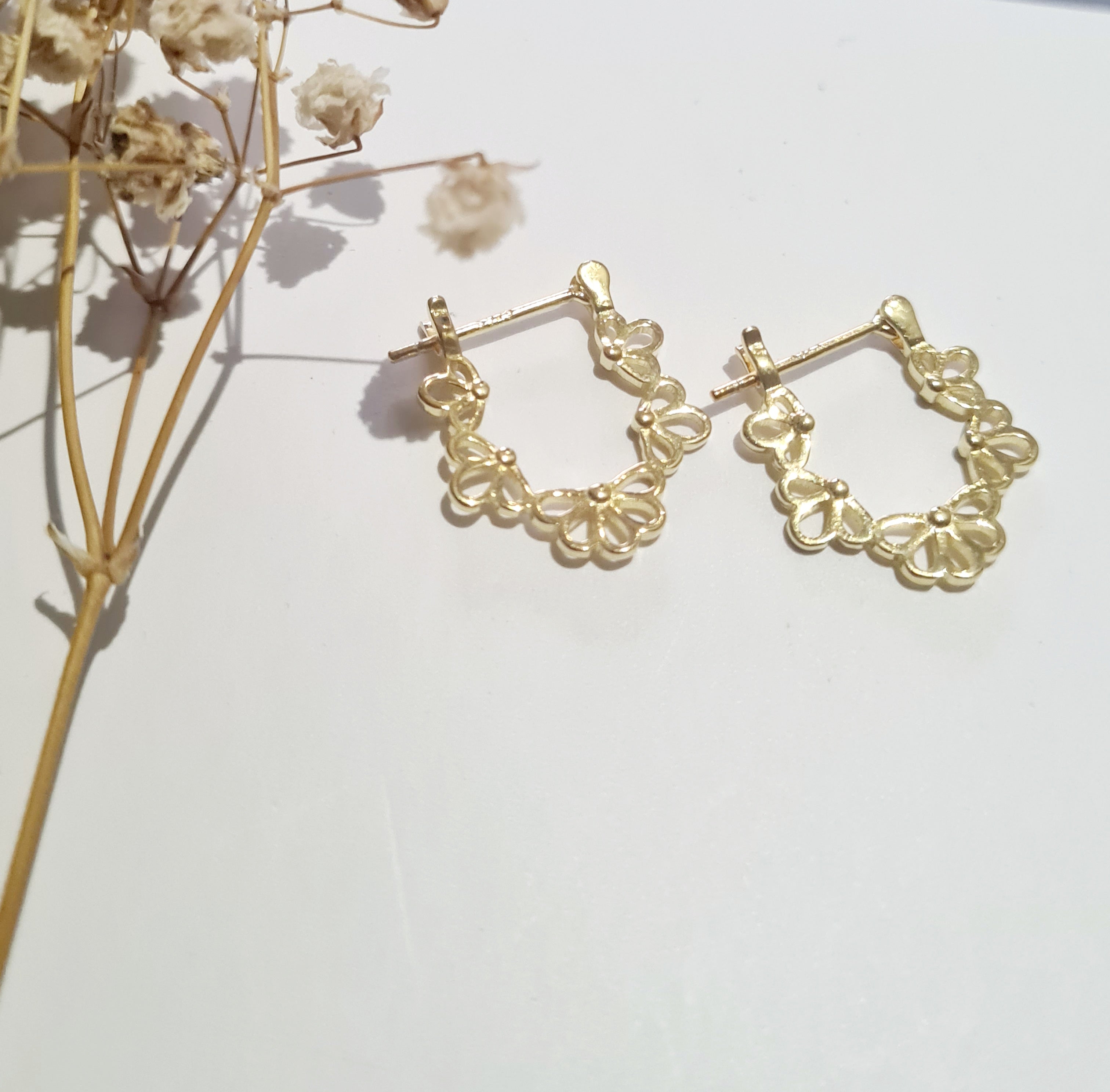 Sterling Silver 18k Gold plated Floral Hoop Earrings