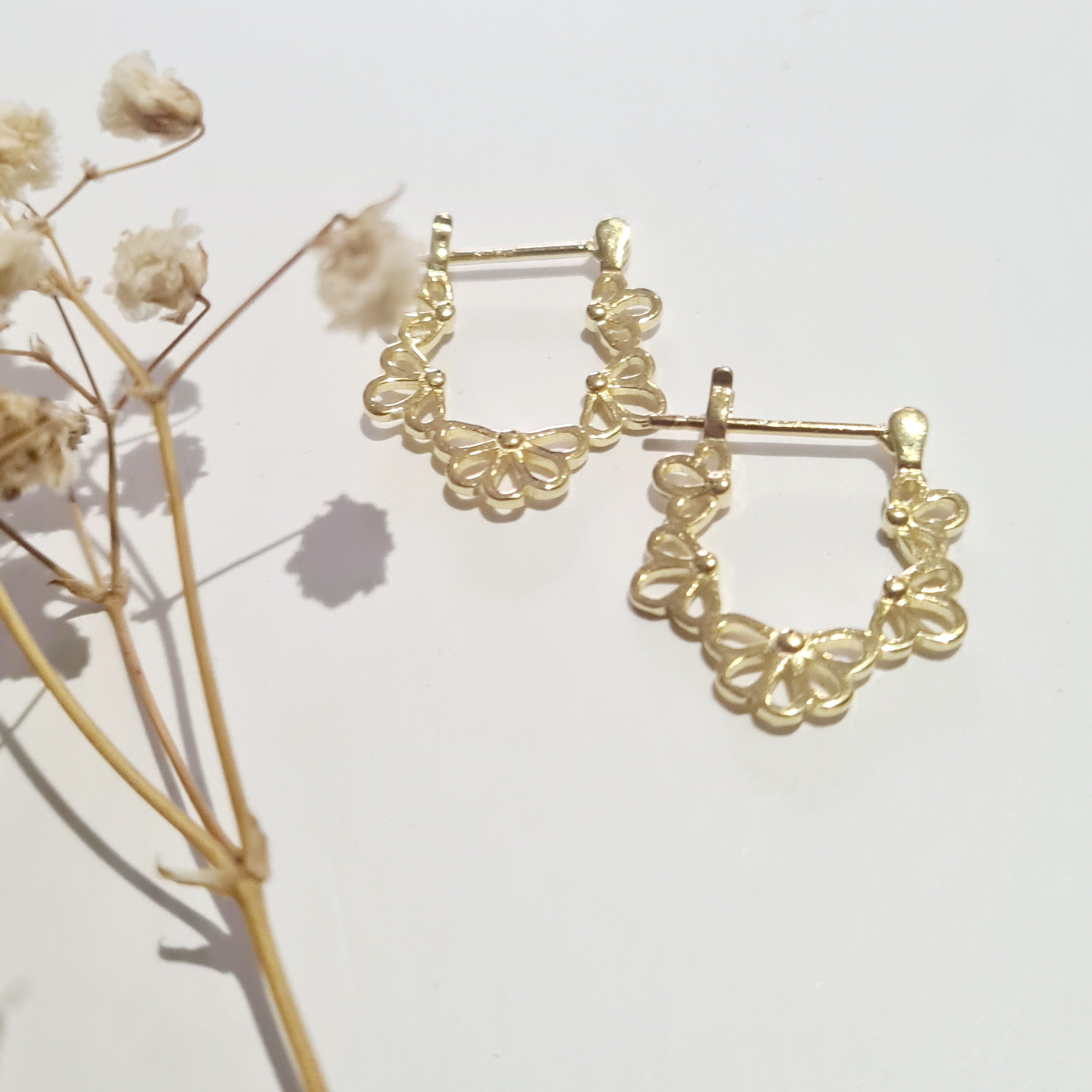 Sterling Silver 18k Gold plated Floral Hoop Earrings