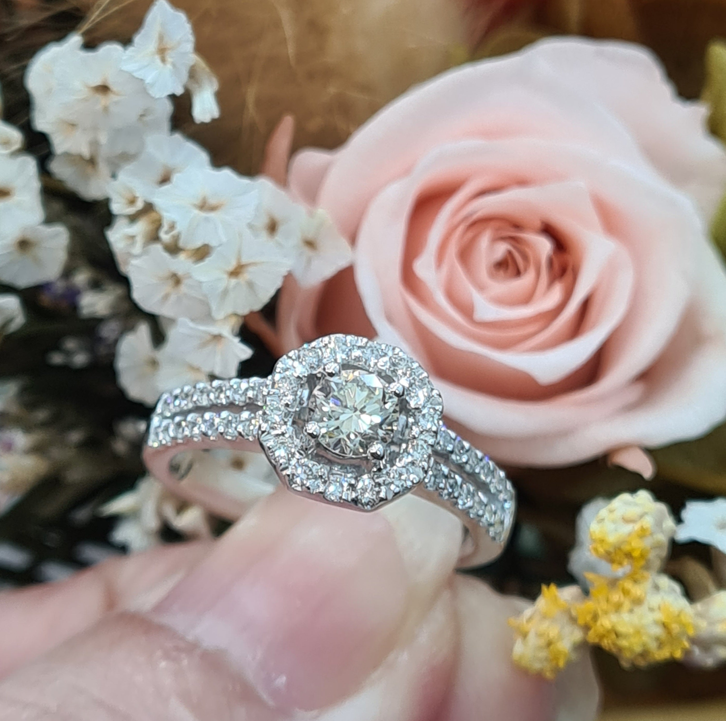 Sophisticate Diamond Halo with both side Diamond Engagement Ring