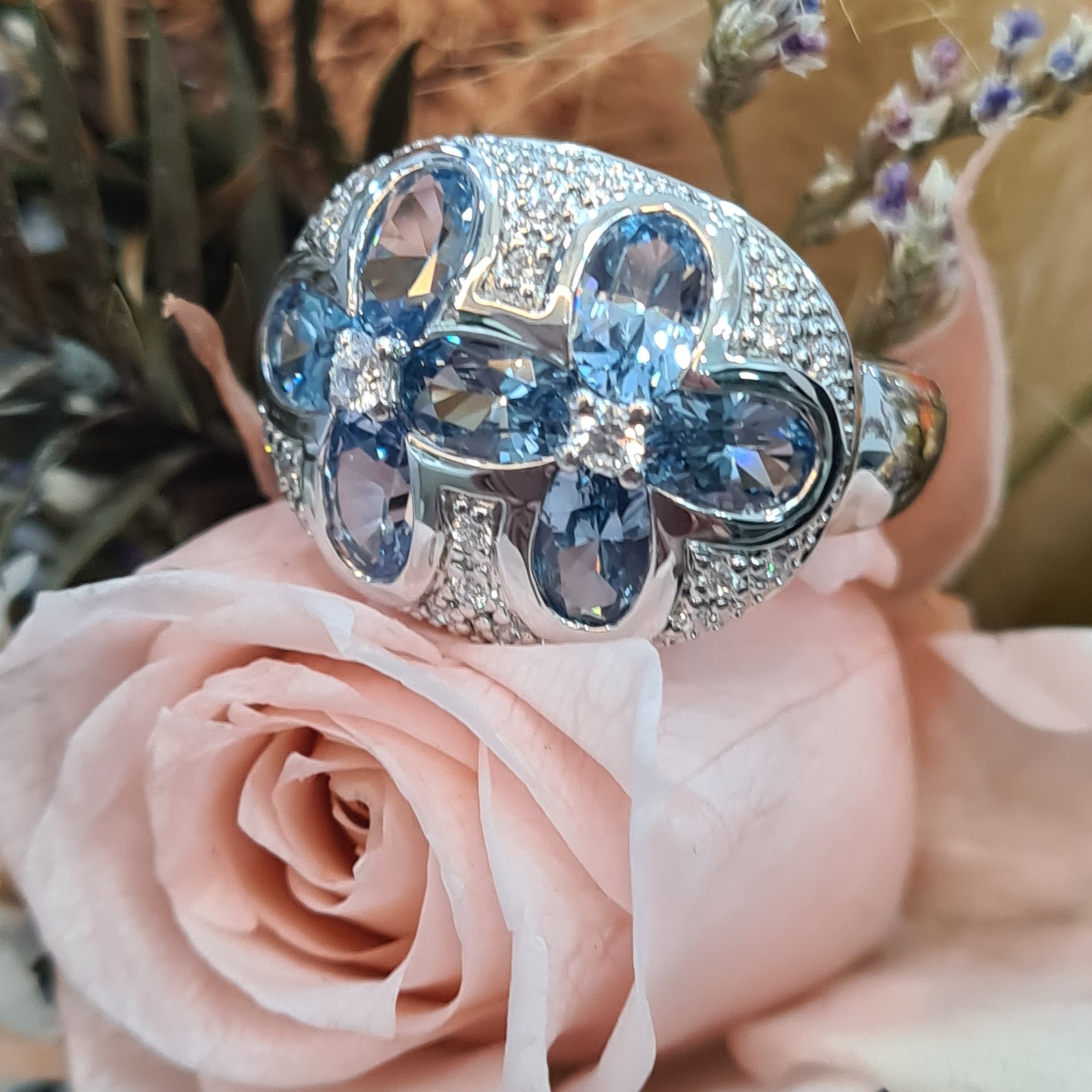 Floral Aquamarine Surround with Scintilli Ring
